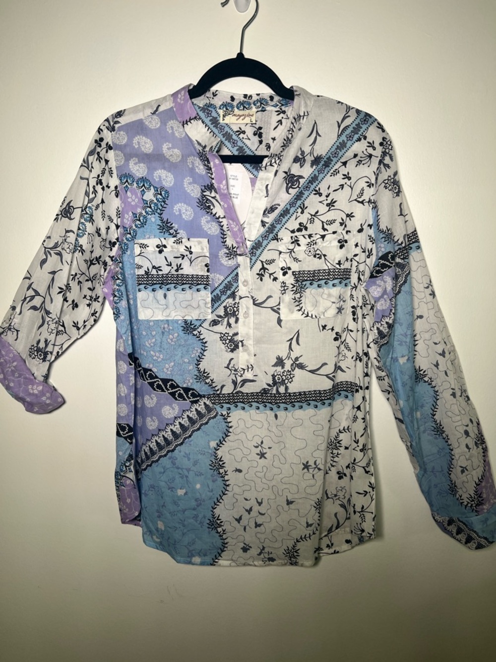 Fashion Magazine 100% Cotton Patchwork Print Half Button-Down Shirt in Blue